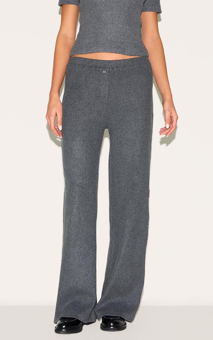 Pretty Little Thing Charcoal Brushed Rib Button Up Detail Straight Leg Pants