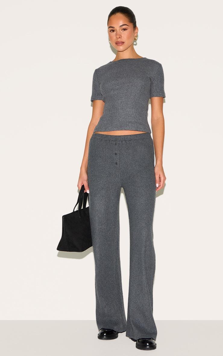 Pretty Little Thing Charcoal Brushed Rib Button Up Detail Straight Leg Pants