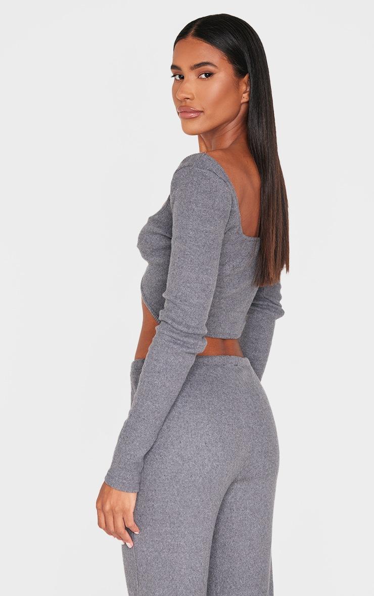 Pretty Little Thing Charcoal Brushed Rib Twist Front Long Sleeve Bardot Top