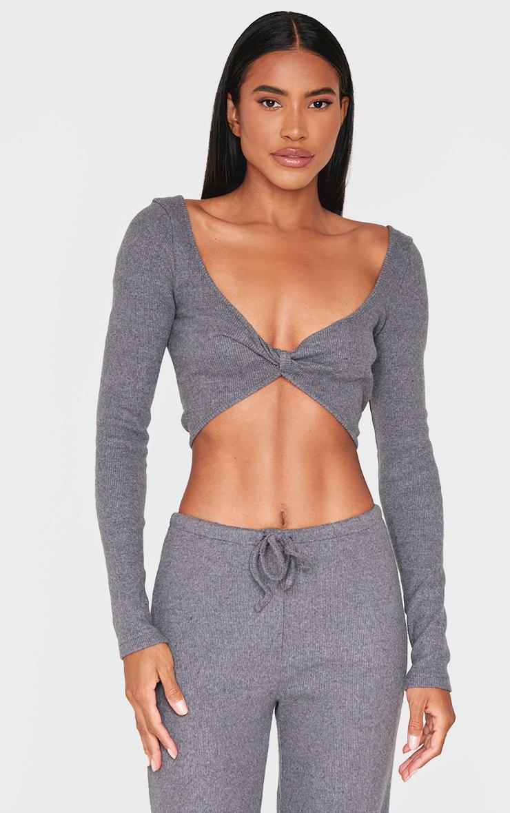 Pretty Little Thing Charcoal Brushed Rib Twist Front Long Sleeve Bardot Top