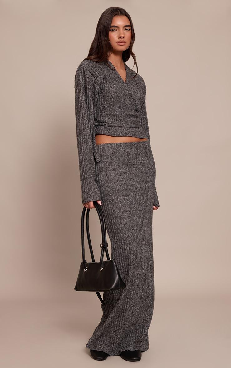 Pretty Little Thing Charcoal Brushed Wrap Over Tie Waist Top