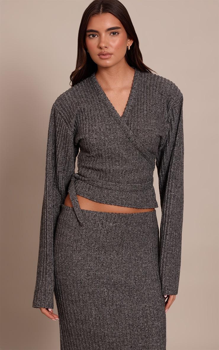 Pretty Little Thing Charcoal Brushed Wrap Over Tie Waist Top