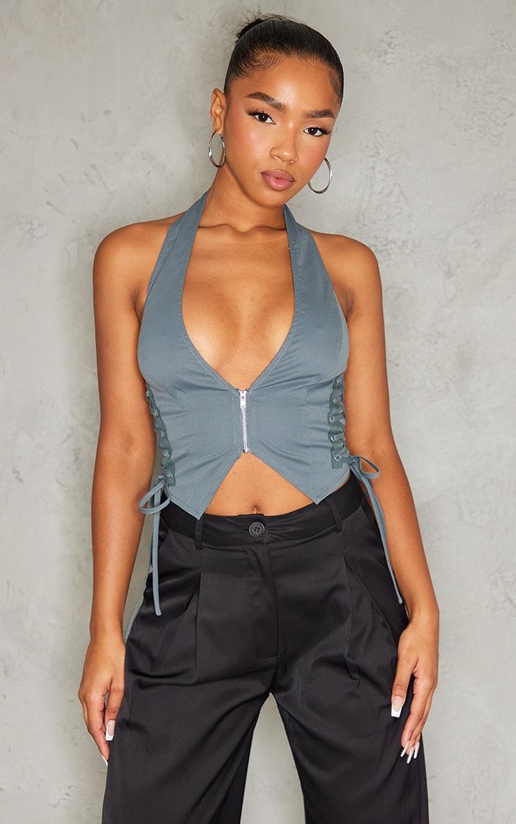 Pretty Little Thing Charcoal Cargo Lace Up Side Zip Up Crop Top