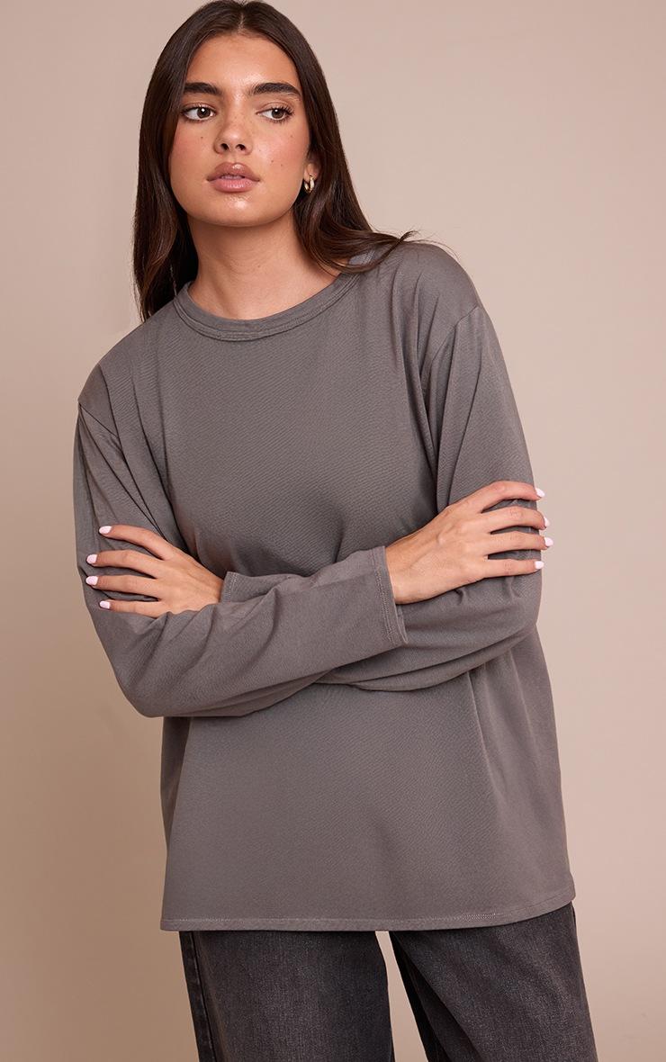 Pretty Little Thing Charcoal Cotton Basic Oversized Long Sleeve T-shirt