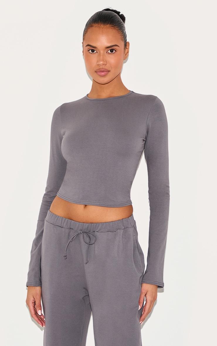 Pretty Little Thing Charcoal Cotton Long Sleeve Crew Neck Top