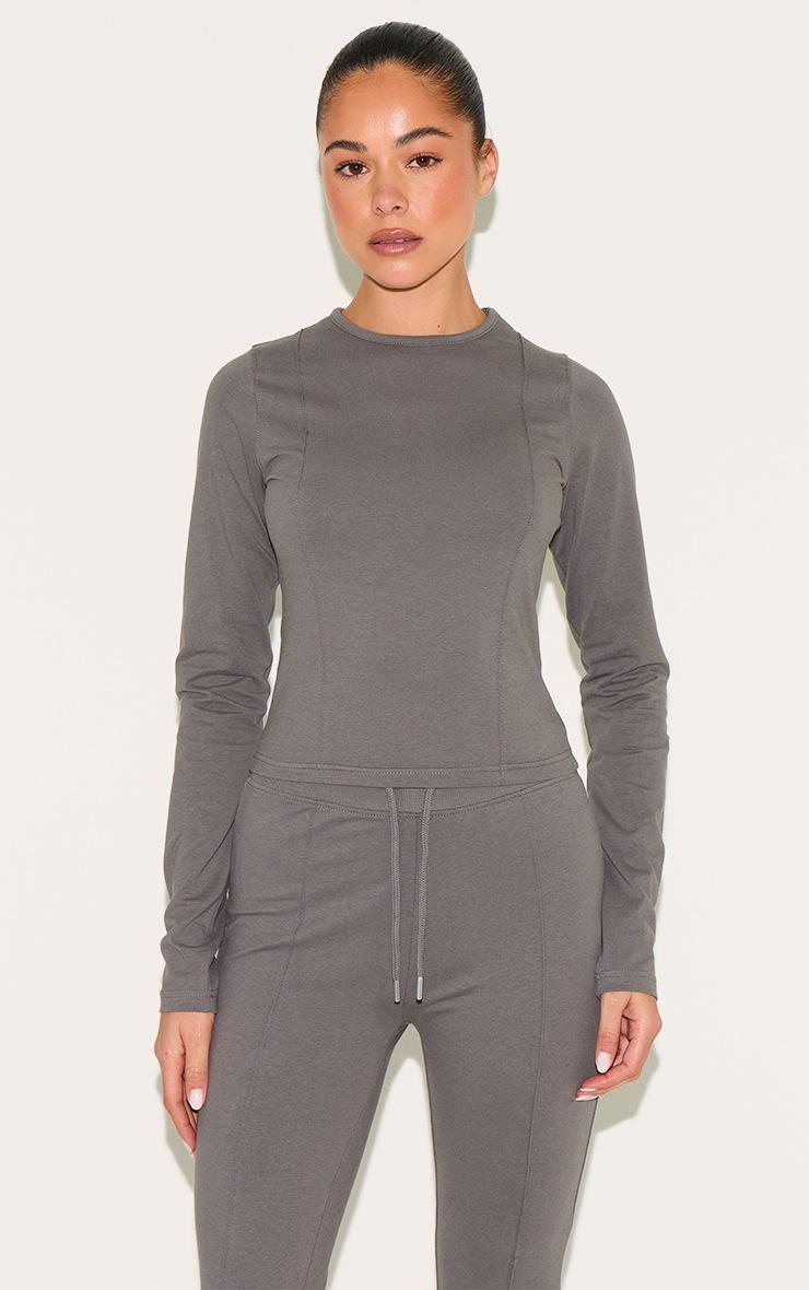 Pretty Little Thing Charcoal Cotton Seam Detail Long Sleeve Top