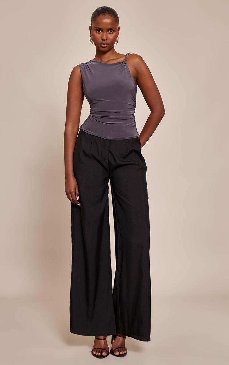 Pretty Little Thing Charcoal Double Layer Twist Shoulder Detail Long Top