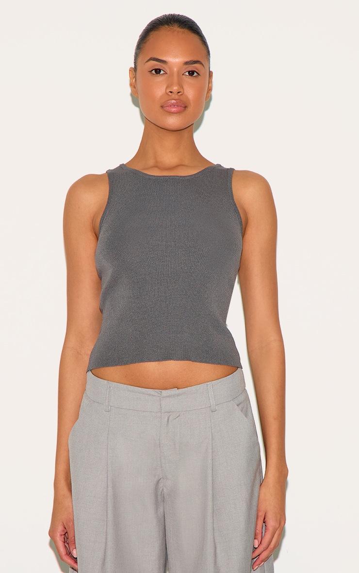 Pretty Little Thing Charcoal Fine Knit Racer Neck Top