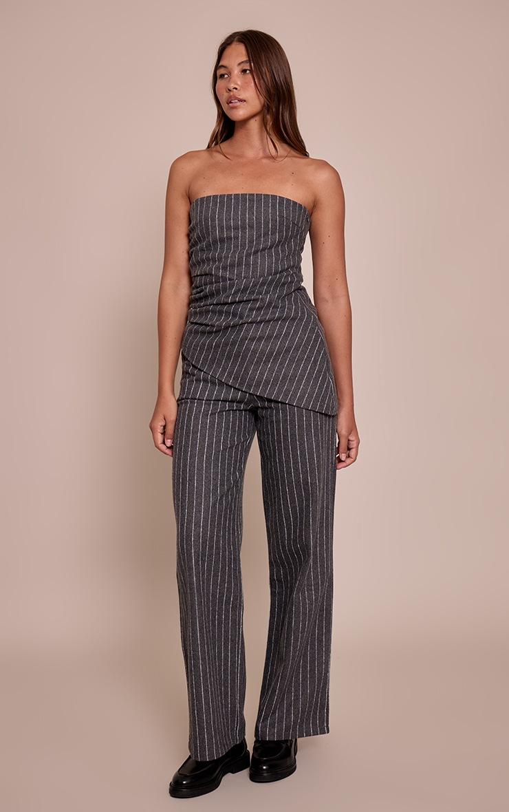 Pretty Little Thing Charcoal Grey Pinstripe Tailored Woven Wide Leg Pants
