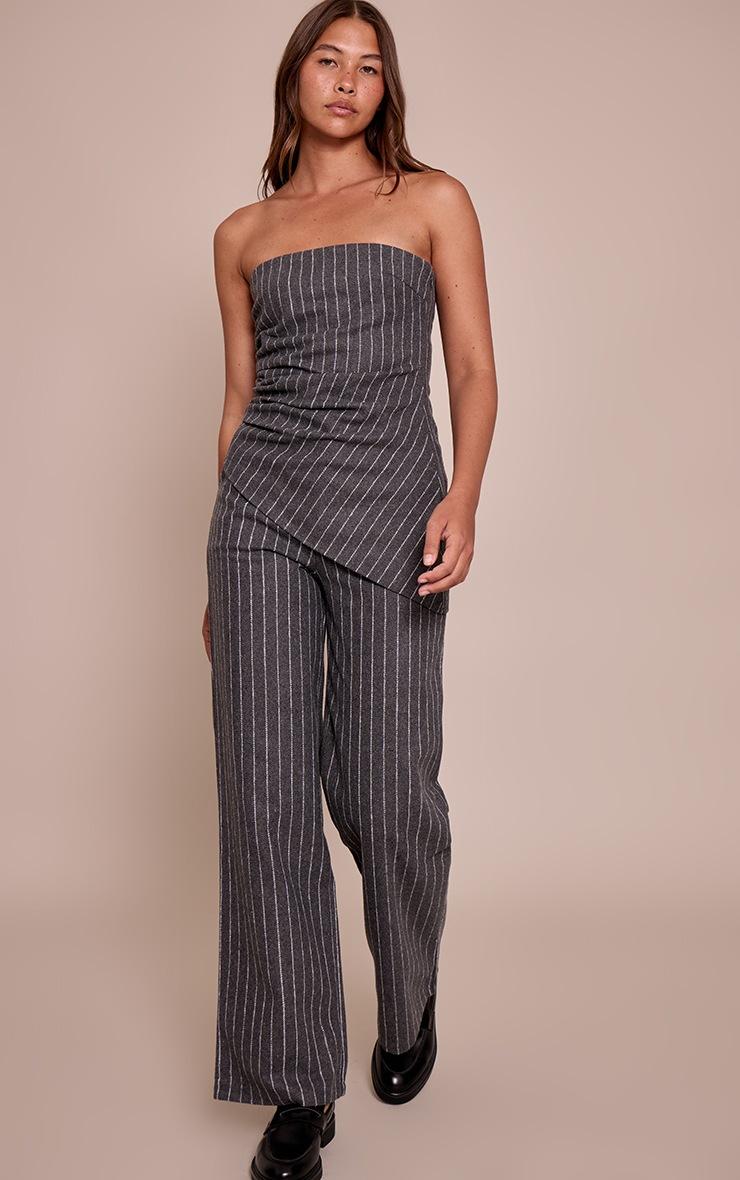 Pretty Little Thing Charcoal Grey Pinstripe Tailored Woven Wide Leg Pants