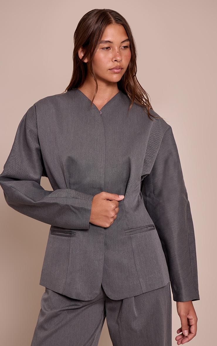 Pretty Little Thing Charcoal Grey Premium Woven Tailored Collarless Blazer