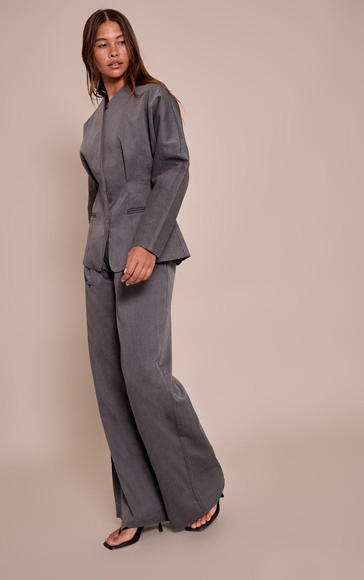Pretty Little Thing Charcoal Grey Premium Woven Tailored Wide Leg Pleated Pants