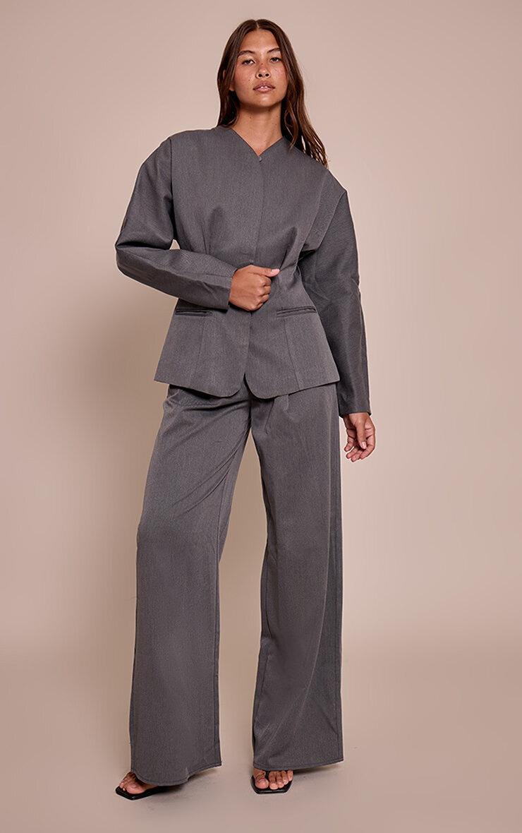 Pretty Little Thing Charcoal Grey Premium Woven Tailored Wide Leg Pleated Pants