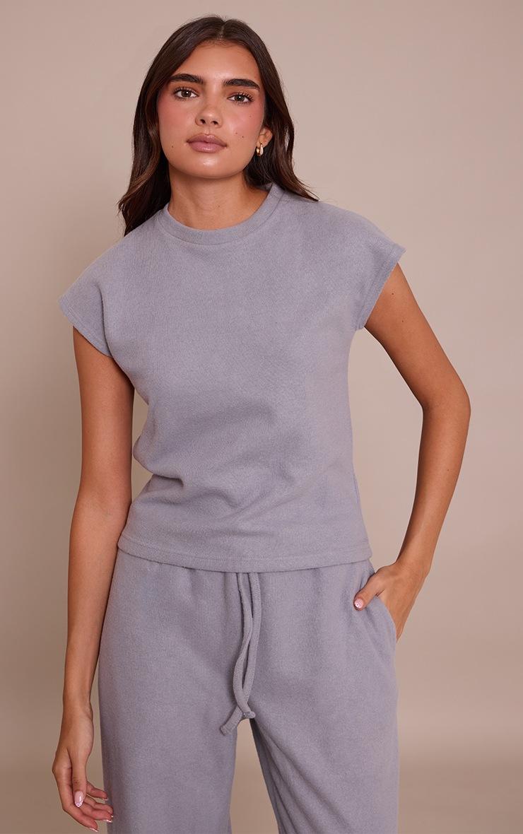 Pretty Little Thing Charcoal Grey Rib Knit Short Sleeve Top