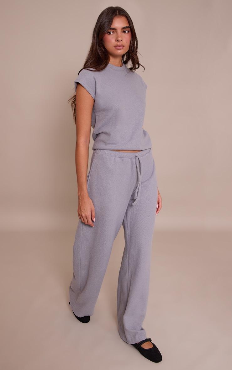 Pretty Little Thing Charcoal Grey Rib Knit Straight Leg Pant