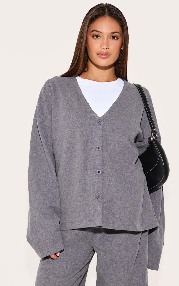 Pretty Little Thing Charcoal Heavy Brushed Rib V Neck Button Up Cardigan