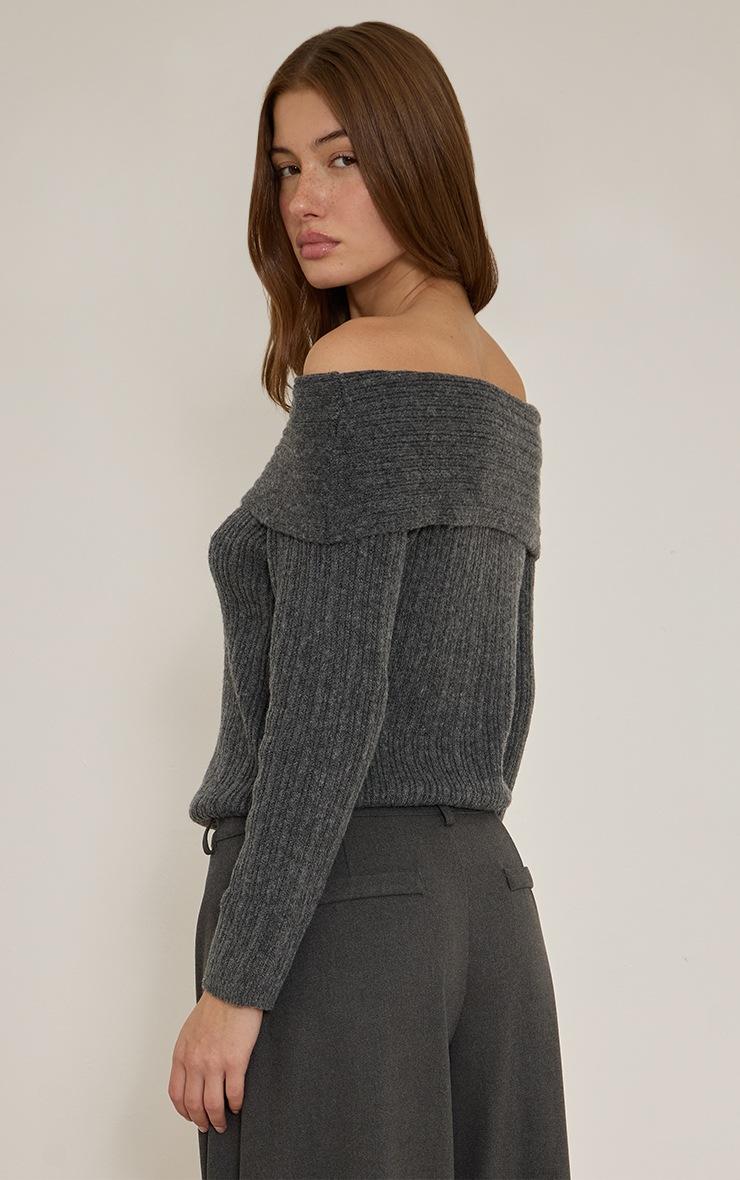 Pretty Little Thing Charcoal Off The Shoulder Knit Long Sleeve Top