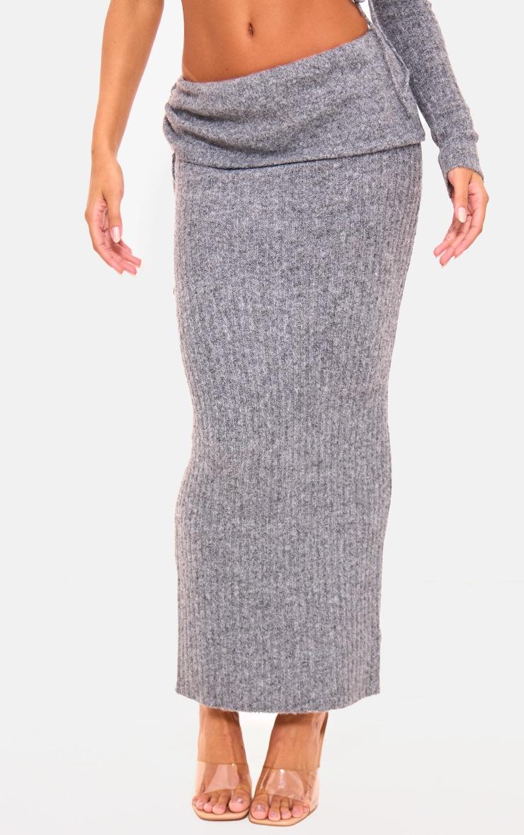Pretty Little Thing Charcoal Ribbed Knit Ruched Fold Over Maxi Skirt