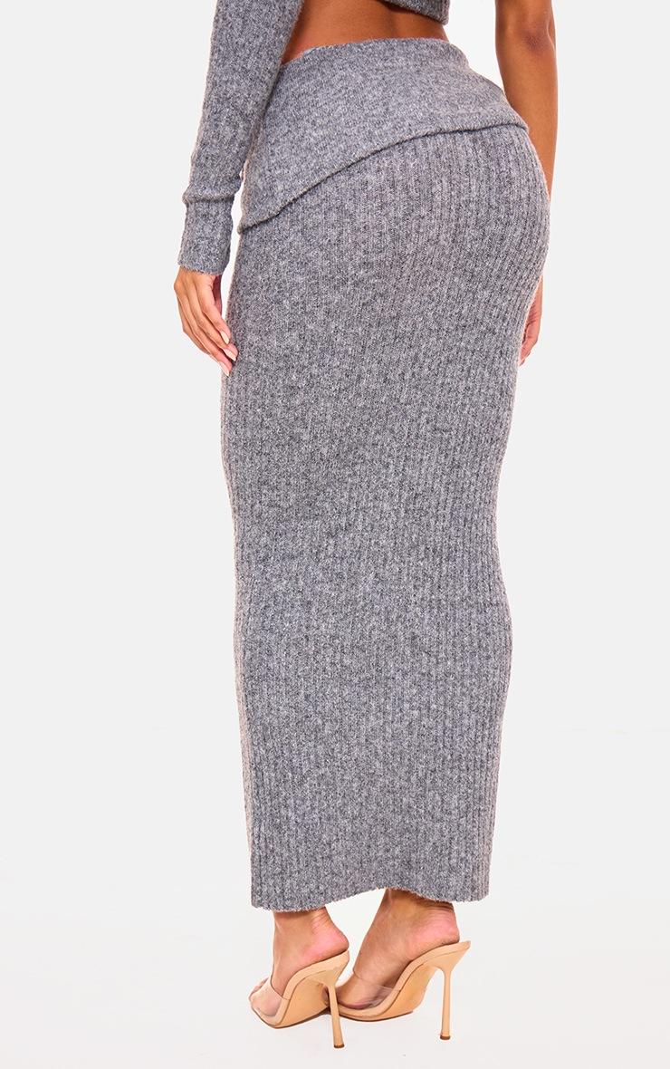 Pretty Little Thing Charcoal Ribbed Knit Ruched Fold Over Maxi Skirt