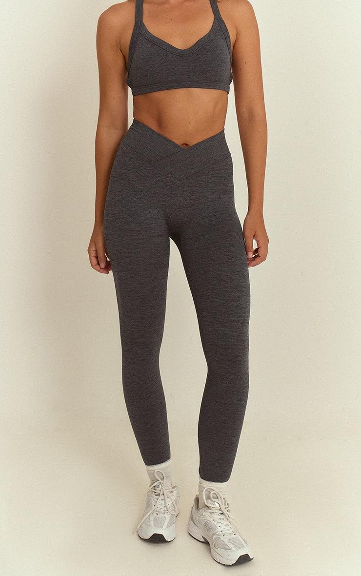 Pretty Little Thing Charcoal Seamless Marl Cross Front Legging