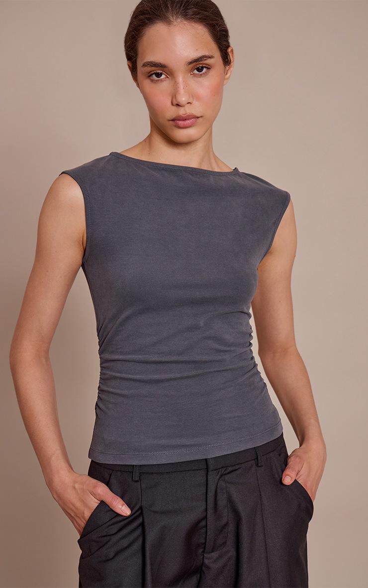 Pretty Little Thing Charcoal Soft Cotton Ruched Side Sleeveless Top