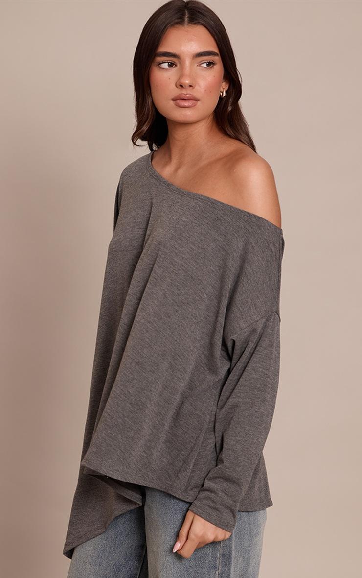 Pretty Little Thing Charcoal Soft Jersey Oversized Slouchy Long Sleeve Top
