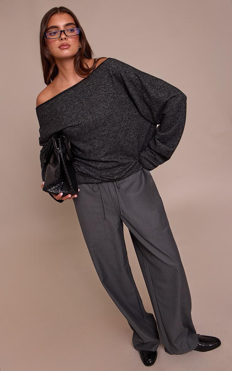 Pretty Little Thing Charcoal Soft Knit Asymmetric Oversized Slouchy Long Sleeve Top