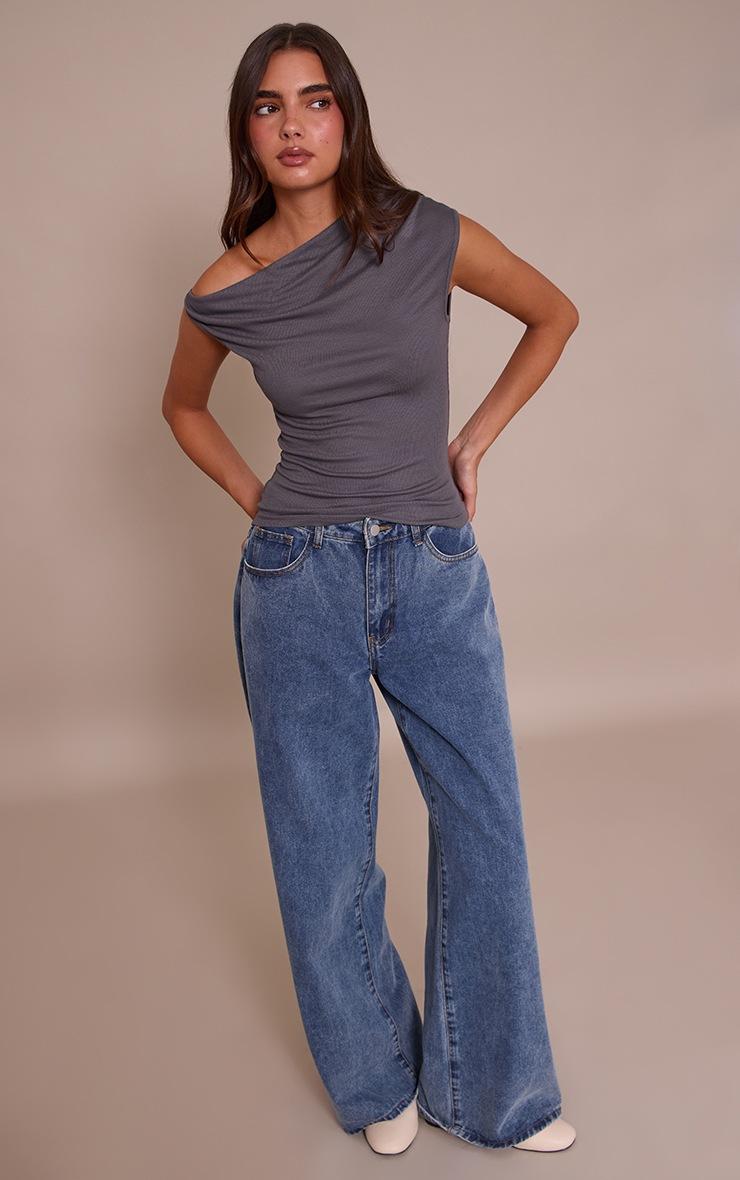 Pretty Little Thing Charcoal Soft Rib Asymmetric Drape Detail Sleeveless Top