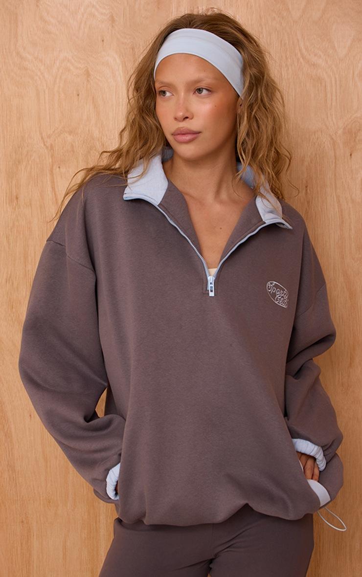 Pretty Little Thing Charcoal Sporty Club Embroidered Quarter Zip Sweatshirt