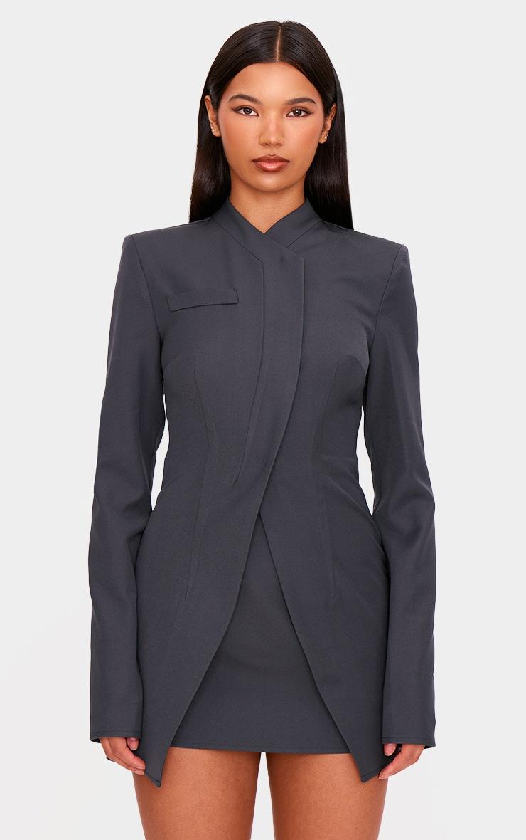 Pretty Little Thing Charcoal Tailored Overlap Long Sleeve Bodycon Dress