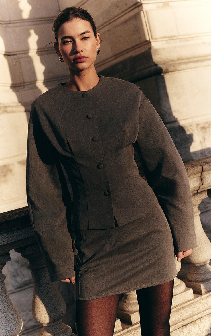 Pretty Little Thing Charcoal Tailored Woven Boxy Balloon Sleeve Blazer