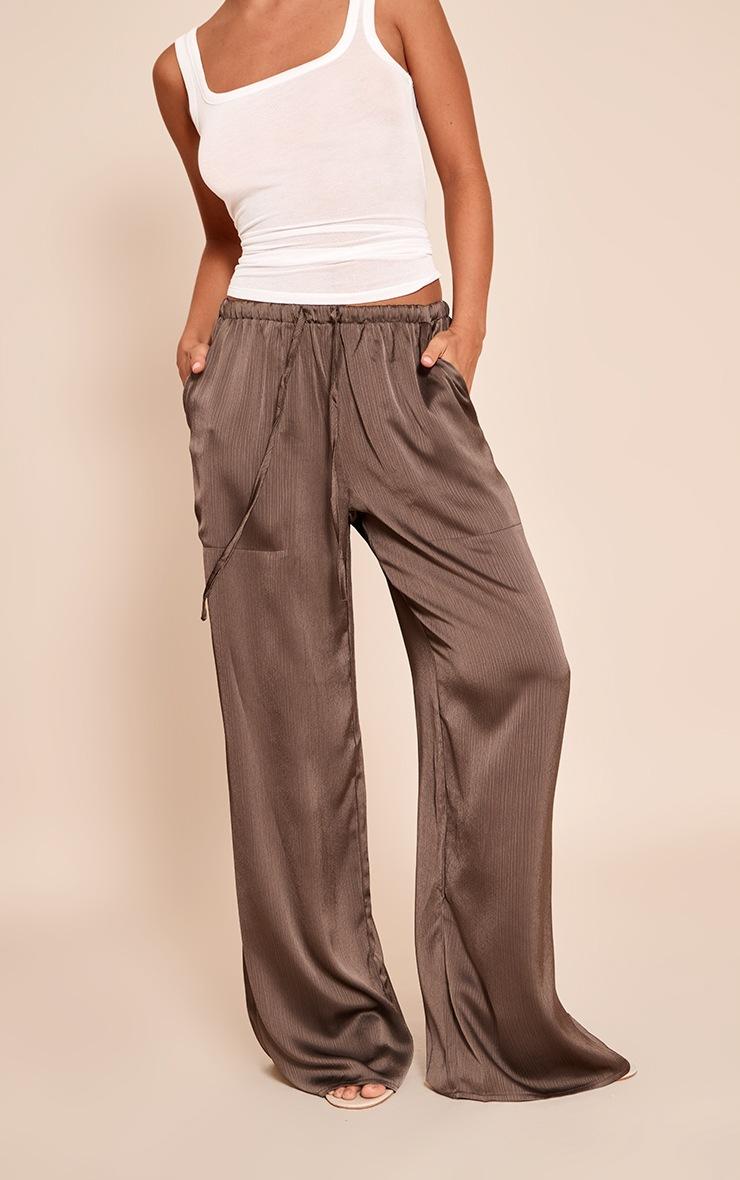 Pretty Little Thing Charcoal Textured Satin Low Rise Wide Leg Drawstring Pants