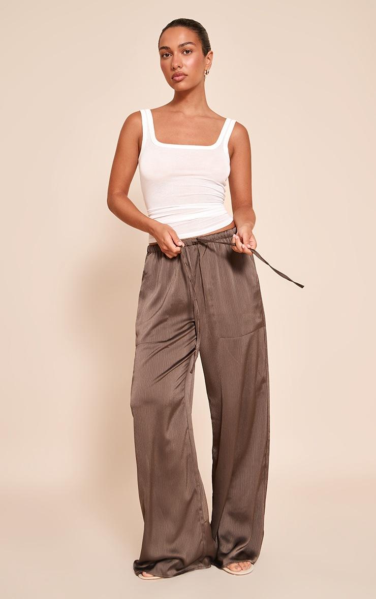 Pretty Little Thing Charcoal Textured Satin Low Rise Wide Leg Drawstring Pants