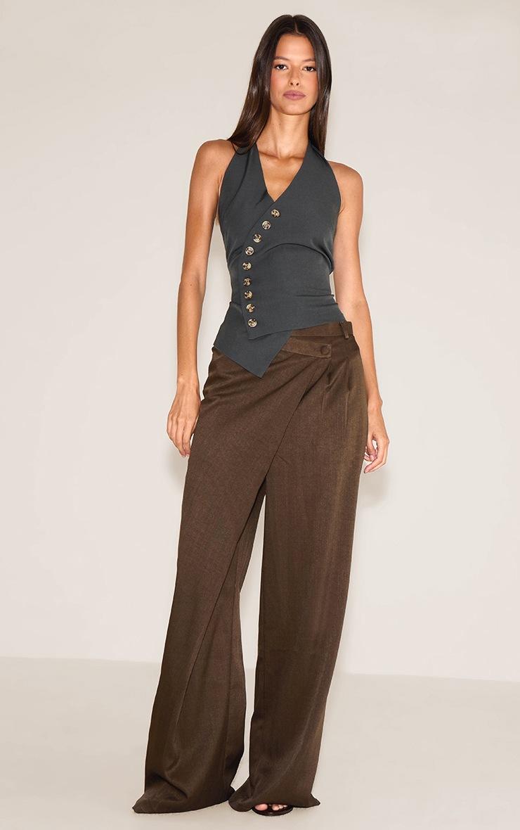 Pretty Little Thing Charcoal Woven Button Detail Halterneck Vest