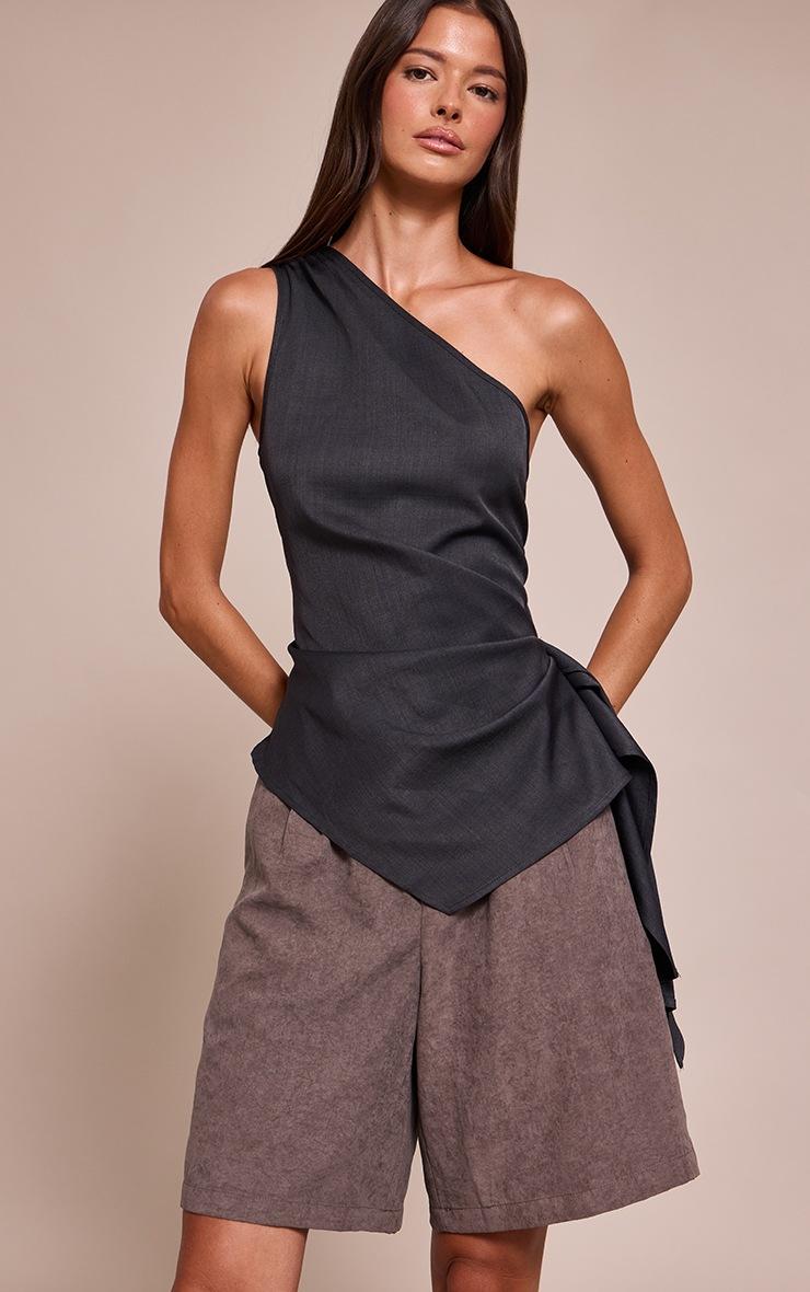 Pretty Little Thing Charcoal Woven One Shoulder Drape Detail Top