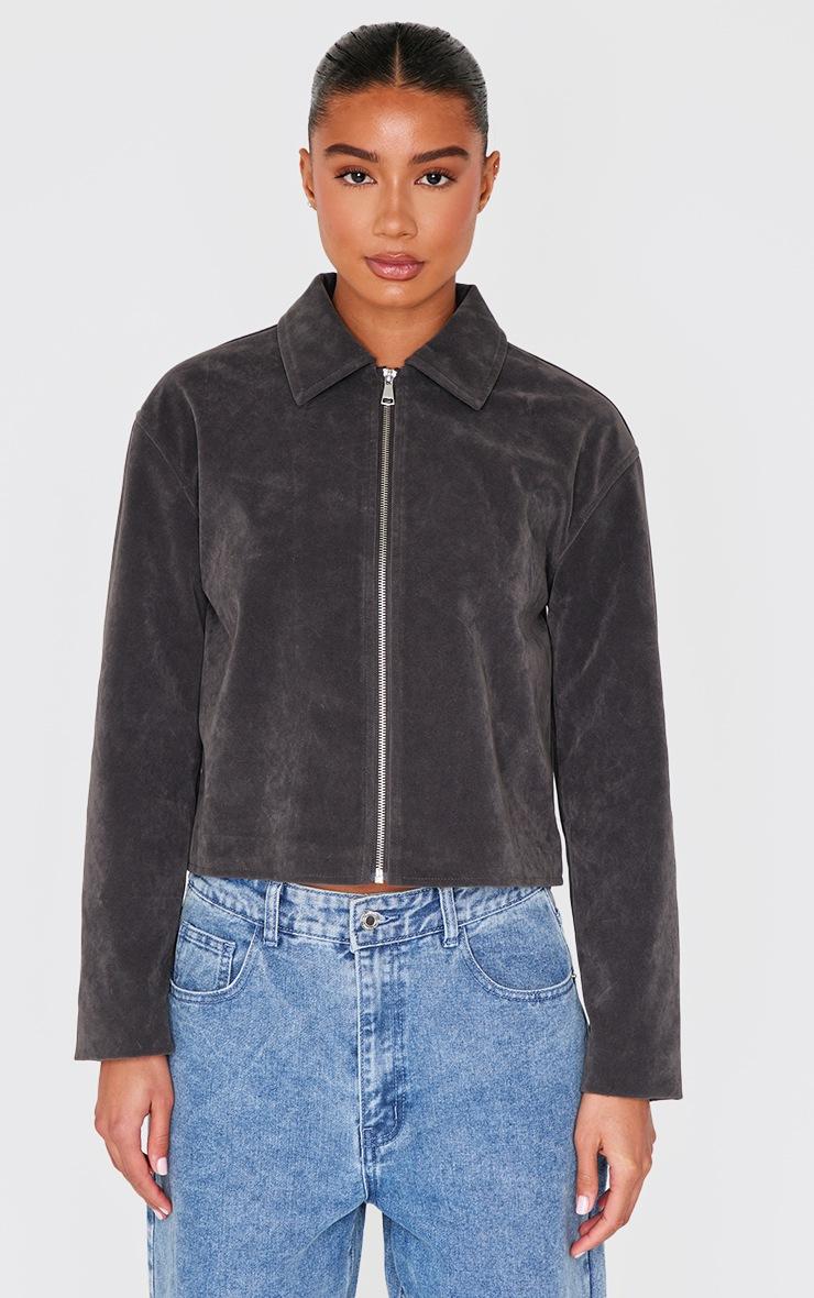 Pretty Little Thing Charcoal Zip Up Faux Suede Jacket