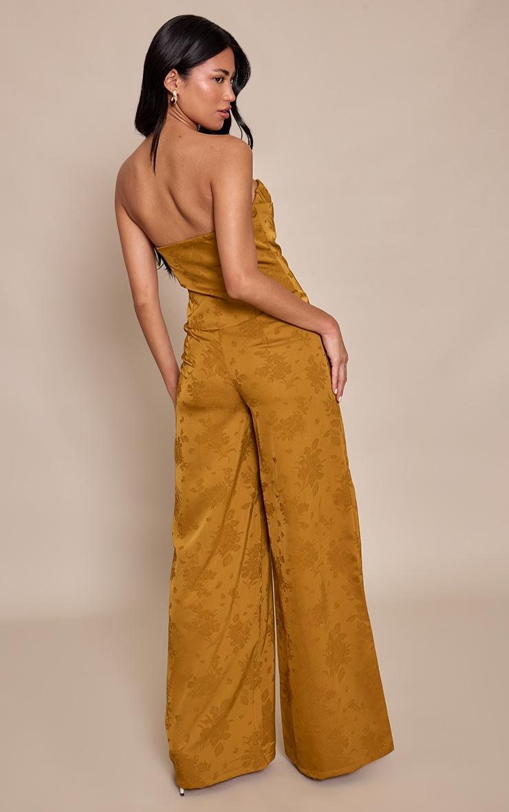 Pretty Little Thing Chartreuse Satin Jacquard Bandeau Straight Leg Jumpsuit
