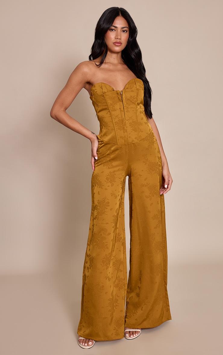 Pretty Little Thing Chartreuse Satin Jacquard Bandeau Straight Leg Jumpsuit