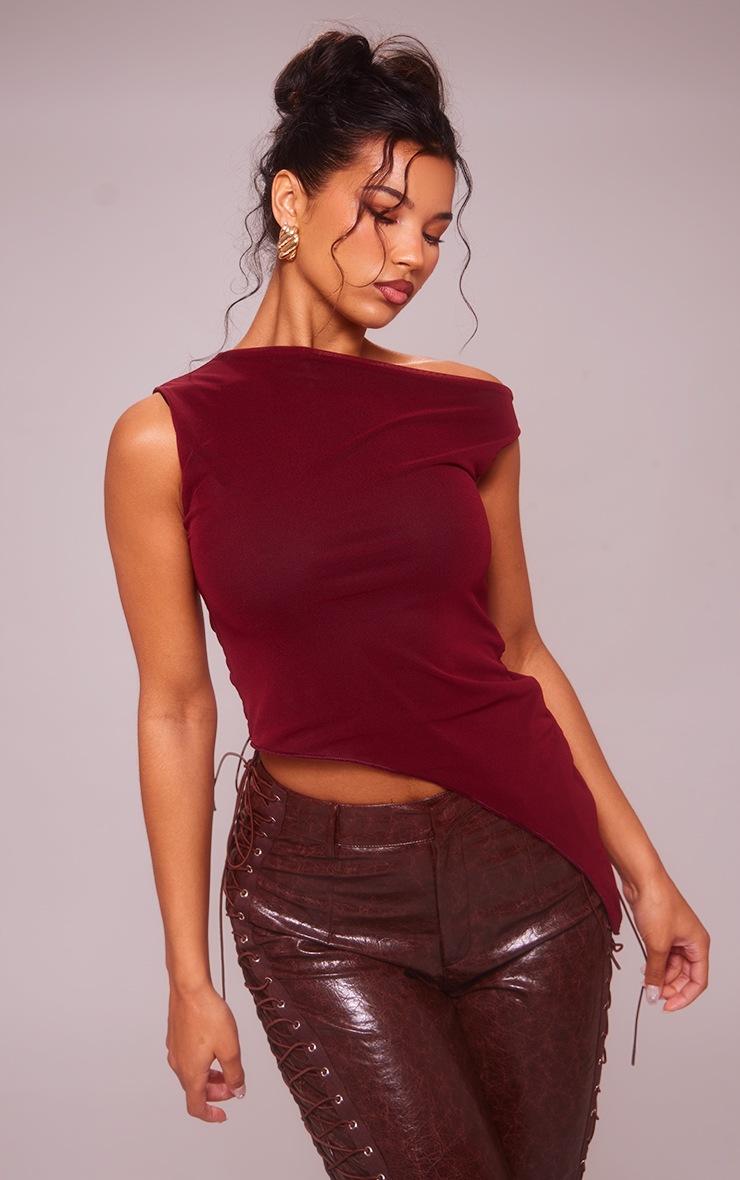 Pretty Little Thing Cherry Red Asymmetric Neck Mesh Top