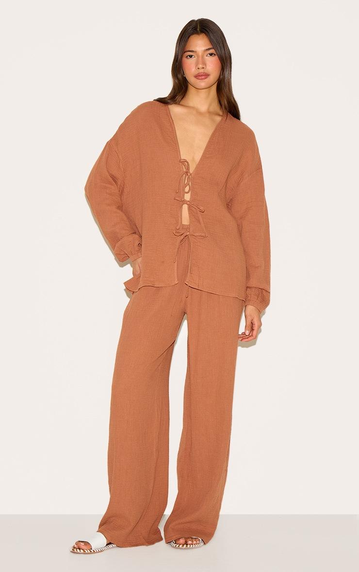 Pretty Little Thing Chesnut Cheesecloth Textured Tie Front Shirt