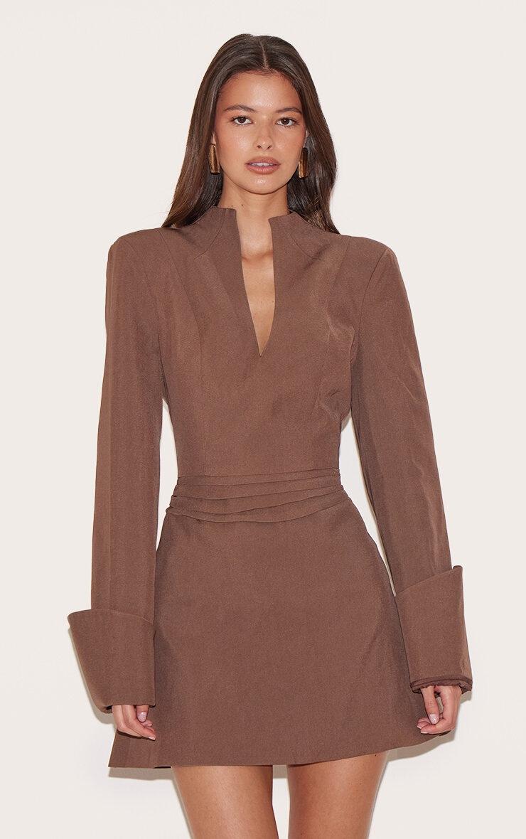Pretty Little Thing Chestnut Woven V Neck Blazer Dress