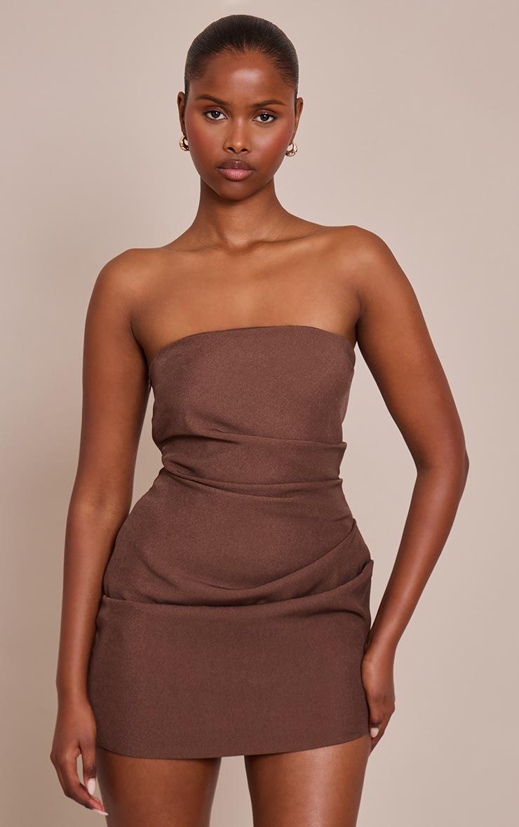 Pretty Little Thing Chocolate Bandeau Ruched Mini Dress