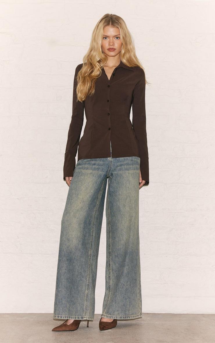 Pretty Little Thing Chocolate Bengaline Cinched Waist Detail Long Sleeve Shirt