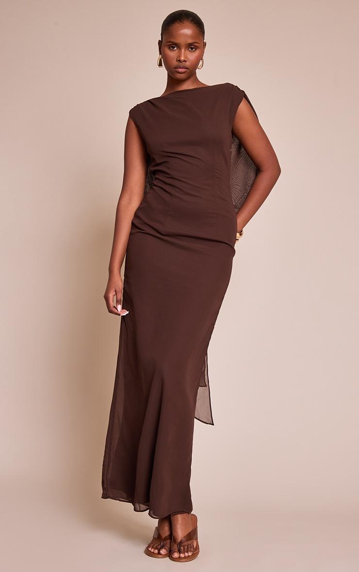 Pretty Little Thing Chocolate Boat Neck Back Cowl Trim Detail Maxi Dress