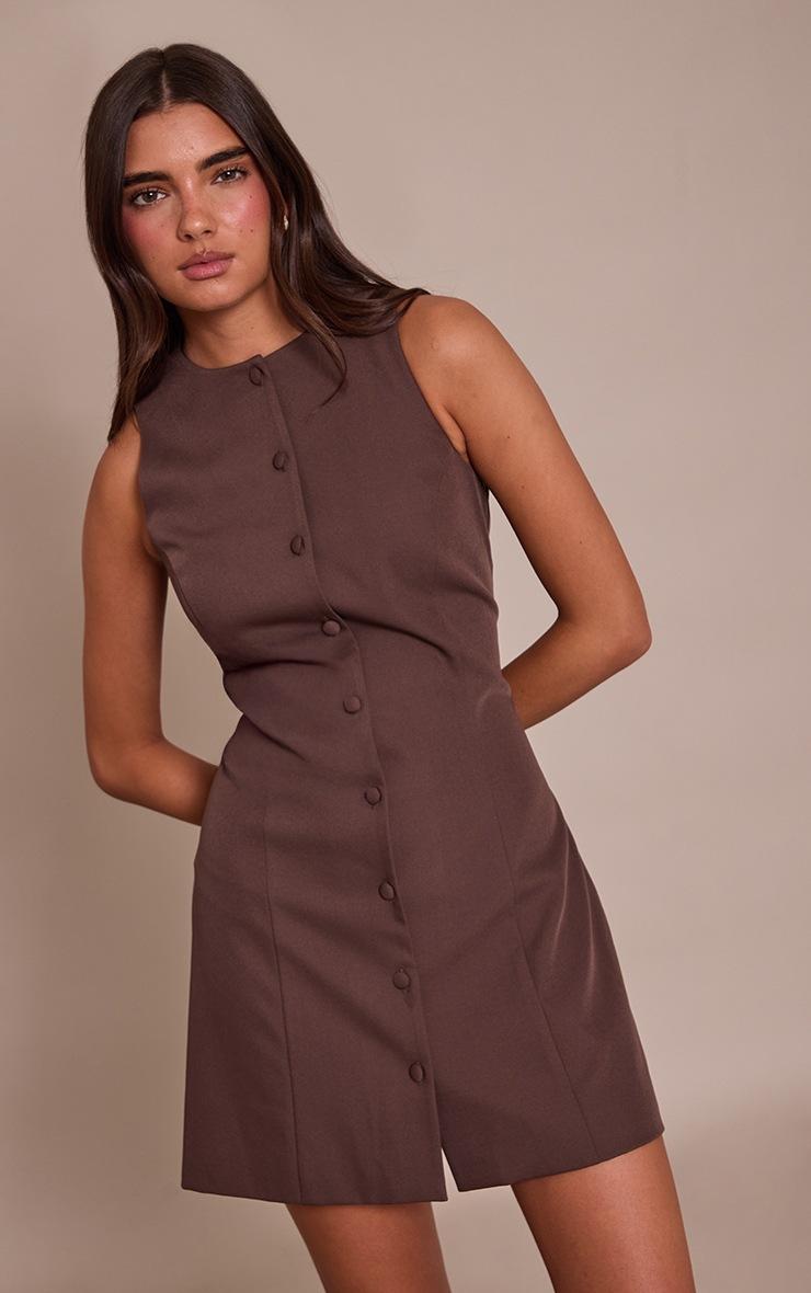Pretty Little Thing Chocolate Boat Neck Button Down Bodycon Dress