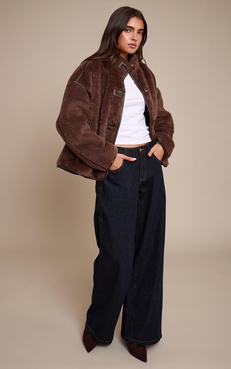 Pretty Little Thing Chocolate Borg Faux Leather Contrast Coat