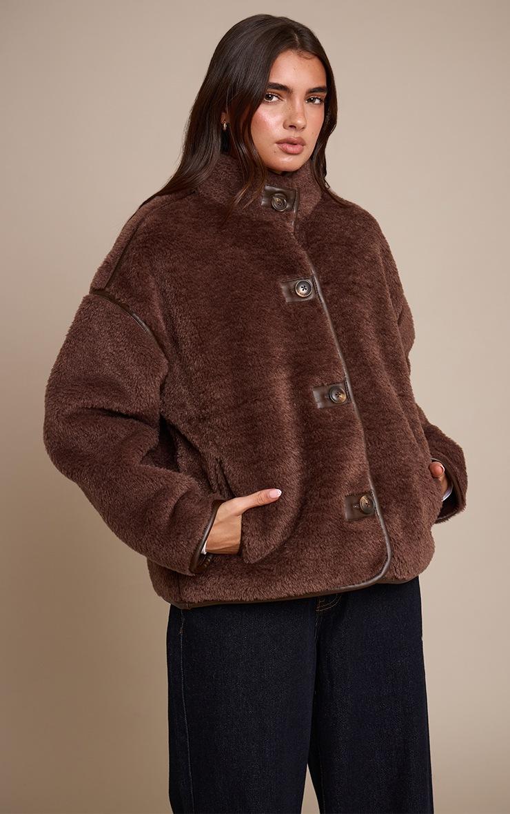 Pretty Little Thing Chocolate Borg Faux Leather Contrast Coat