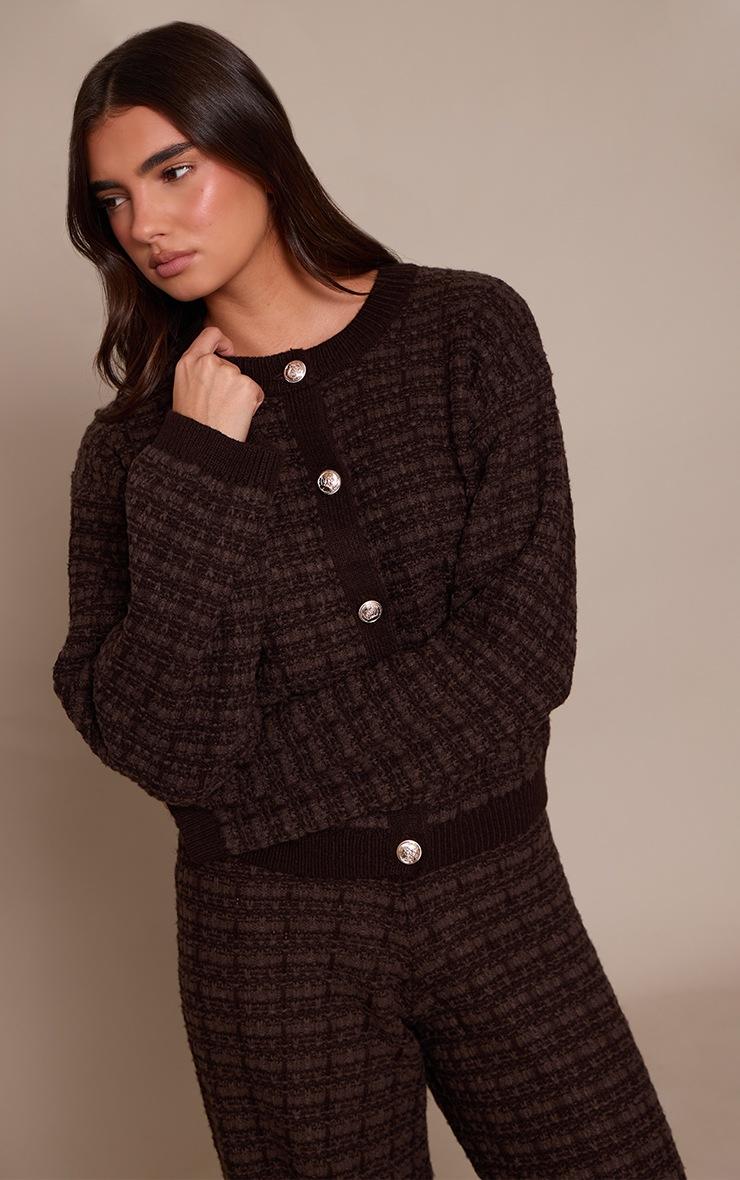 Pretty Little Thing Chocolate Boucle Knitted Button Up Cardigan