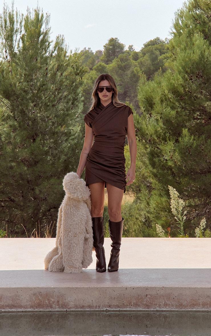 Pretty Little Thing Chocolate Brown Crossover Bodycon Dress