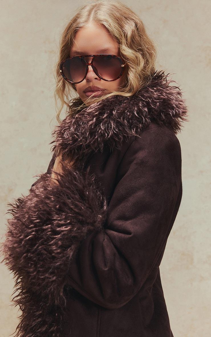 Pretty Little Thing Chocolate Brown Faux Fur Trim Maxi Coat